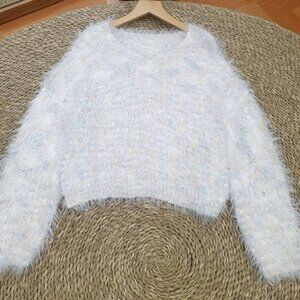 White Fluffy Shimmer Knit Sweater Cozy Soft Pullover Top